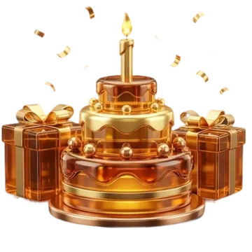 Birthday cake with gifts for the Wanted Win bonus birthday reward